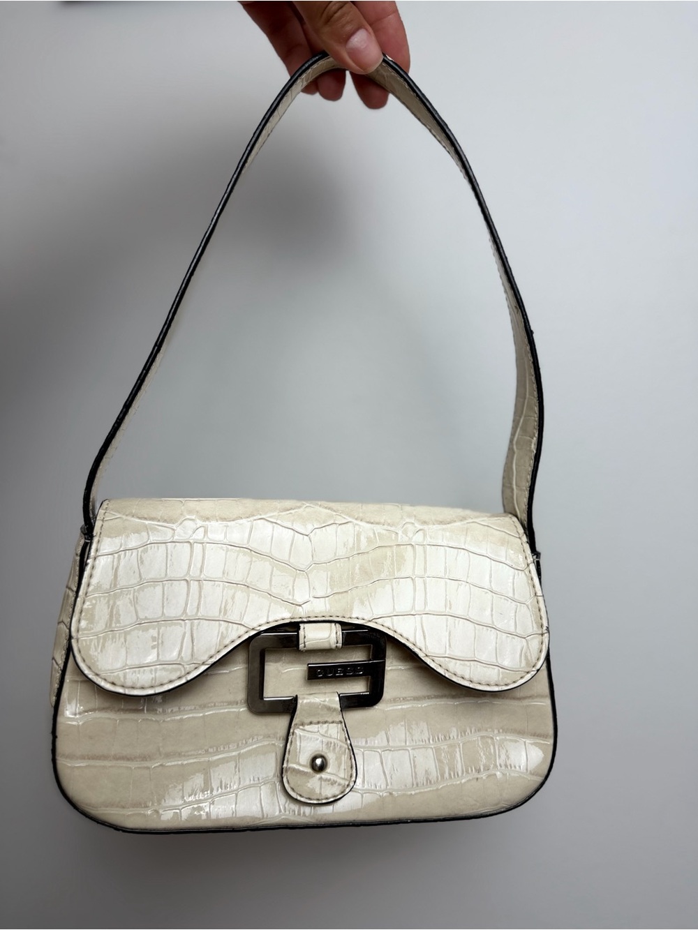 Vintage Guess Croc Embossed Shoulder Bag Y2K Cream Ivory Baguette Purse